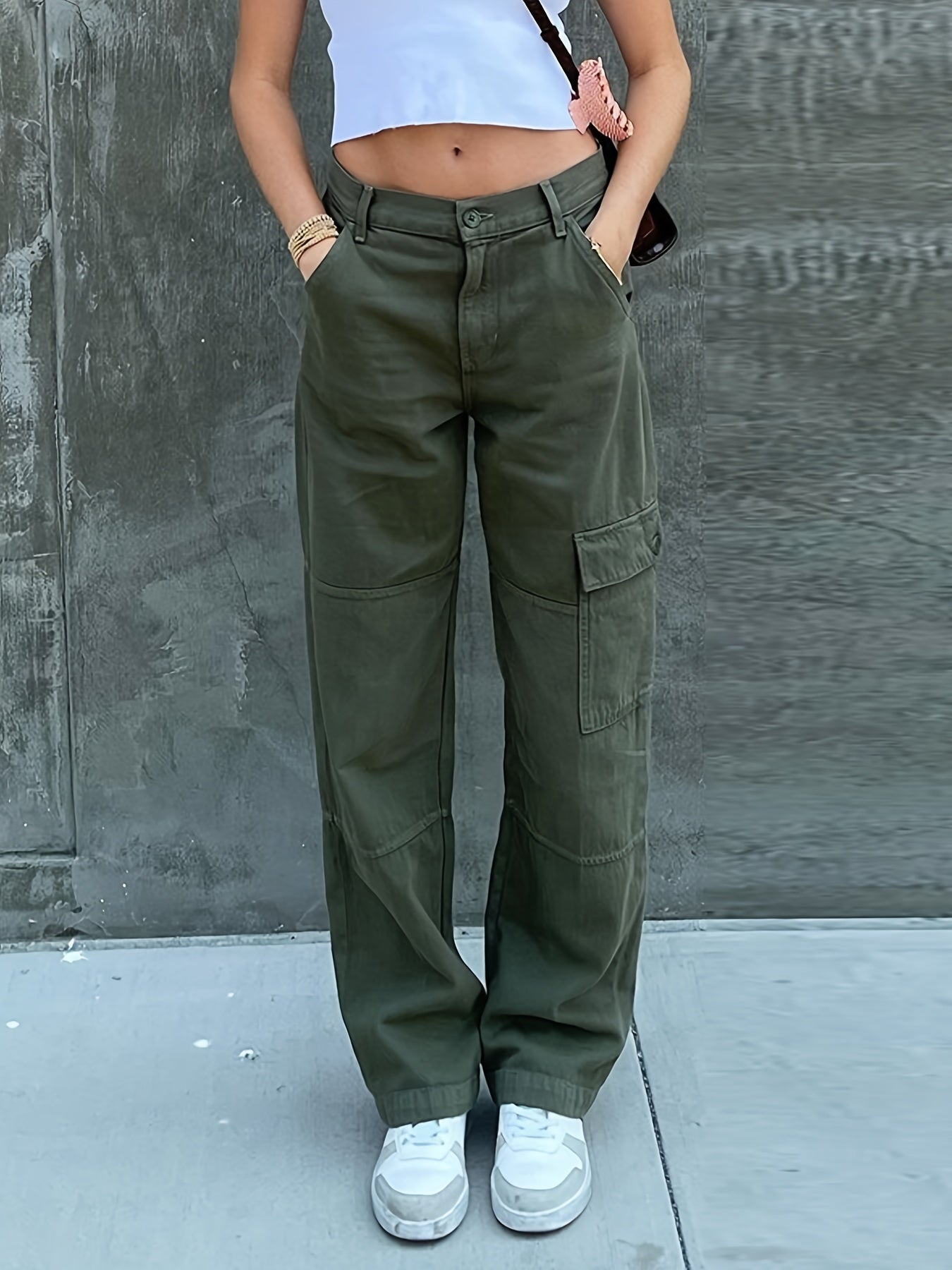 Green Loose Fit Straight Jeans Flap Muti Pockets Wide Legs