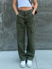 Green Loose Fit Straight Jeans Flap Muti Pockets Wide Legs