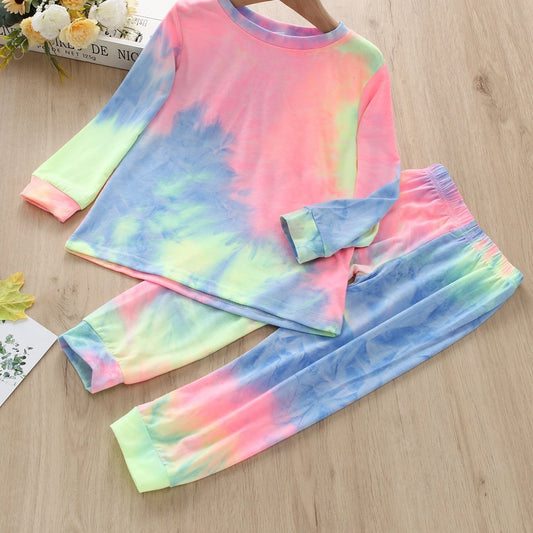 Girls' Rainbow Tie Dye Print Set, Long-sleeved Trousers