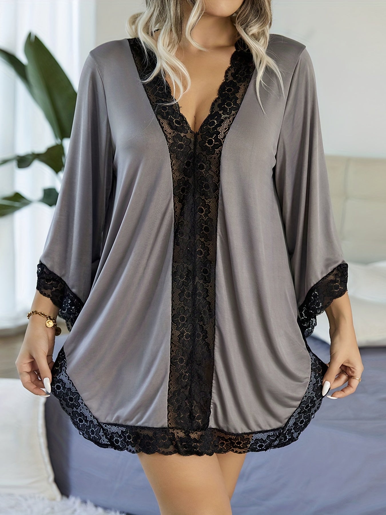 Plus Size Sexy Nightgown Long Sleeve Loungewear Robe