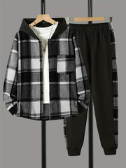 Boys 2pcs Hooded Shirt & Sweatpants Set Plaid Pattern Long Sleeve Top