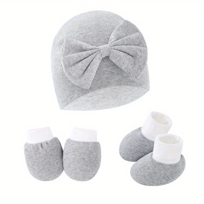 Newborn Baby Set: Hat with Bow, Mittens, Non-Slip Socks