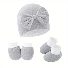 Newborn Baby Set: Hat with Bow, Mittens, Non-Slip Socks