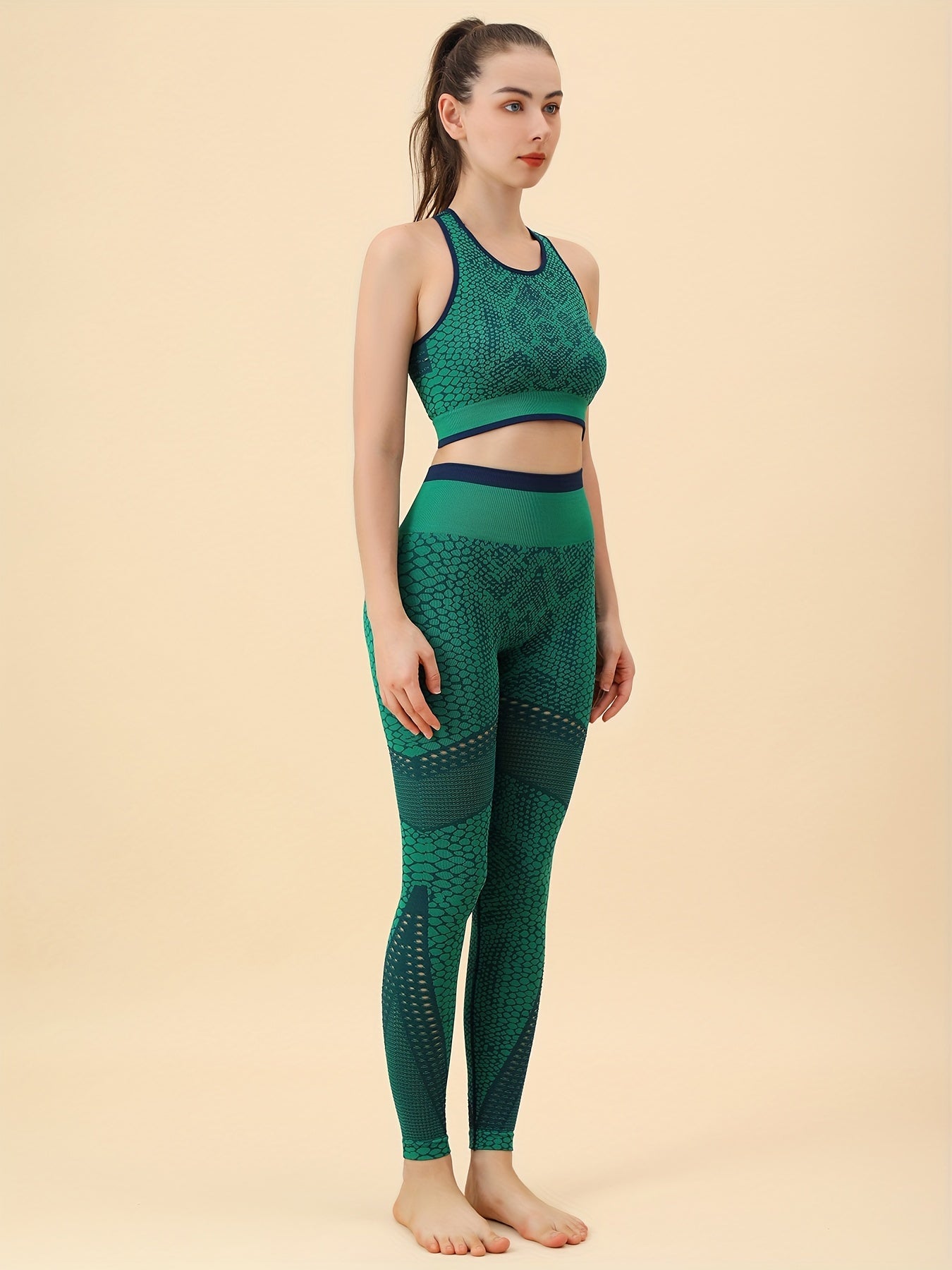 2Pcs Snakeskin Print Yoga Set Crop Tank Top & Mesh Running Pant Activewear