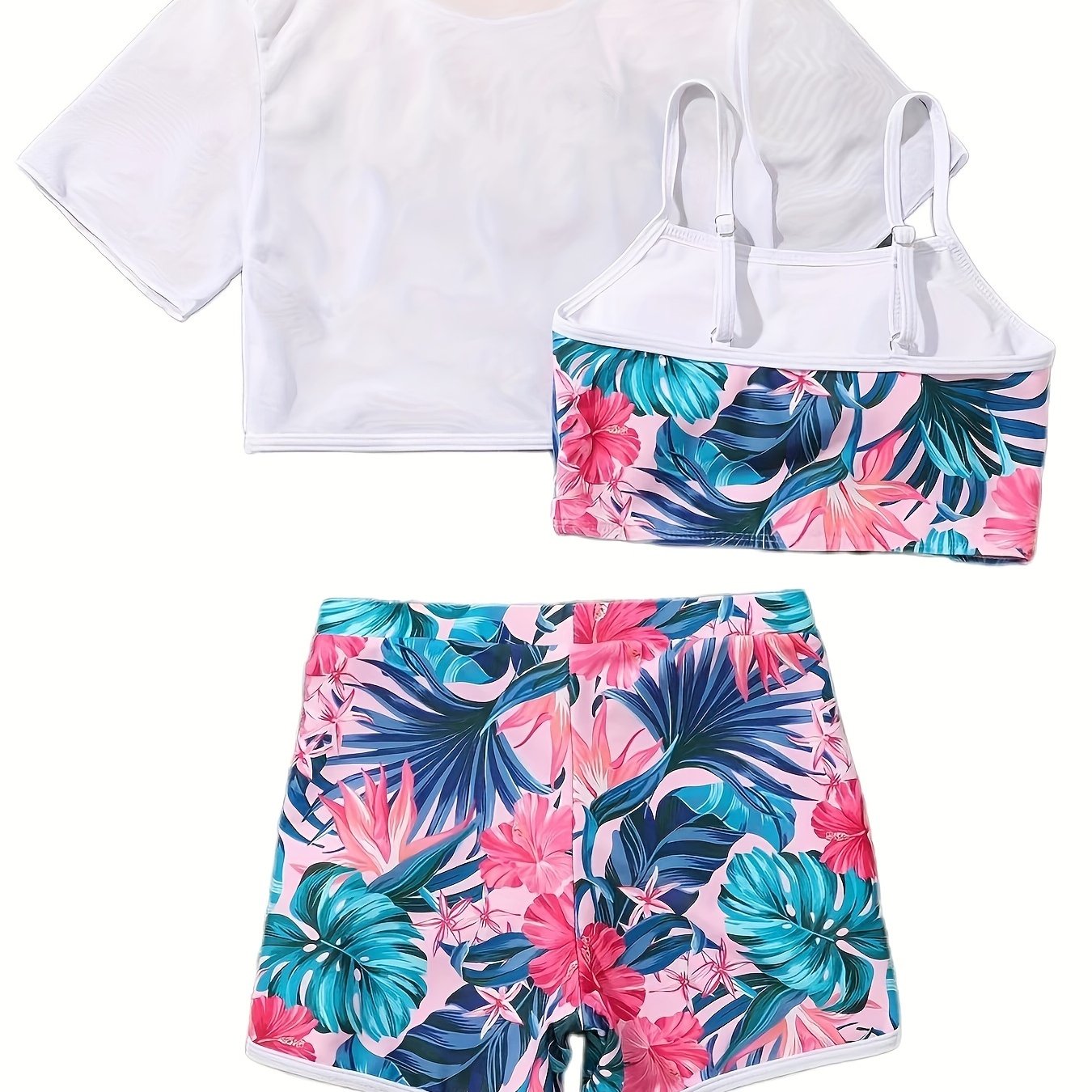 3pcs Girls Swimsuit Set Short Sleeve Top Cami Top Shorts Set