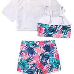 3pcs Girls Swimsuit Set Short Sleeve Top Cami Top Shorts Set