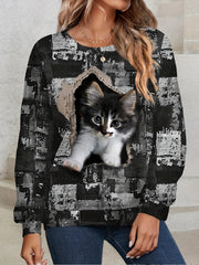 Cat Print Pullover Sweatshirt Long Sleeve Crew Neck Sweatshirt