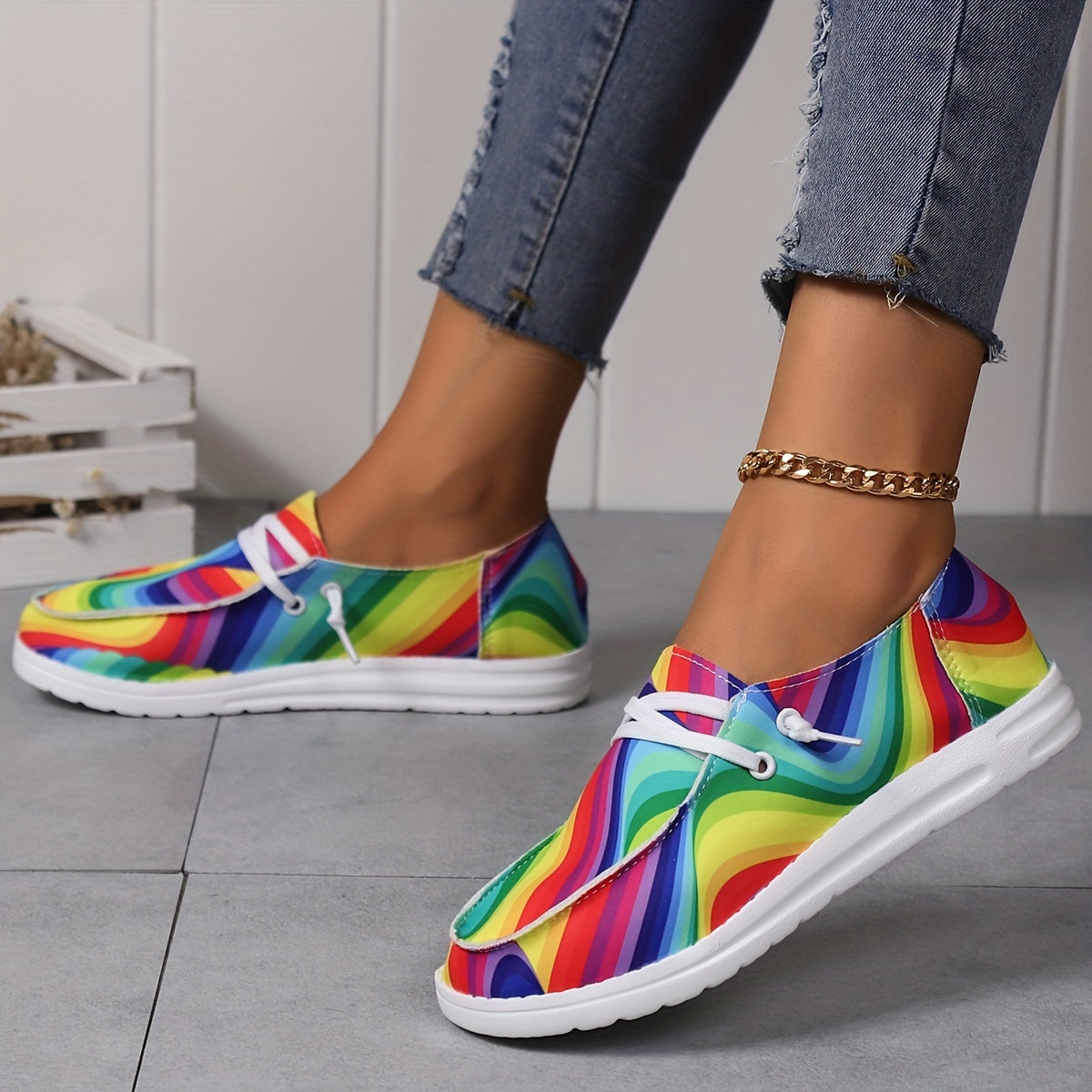 Colorful Rainbow Pattern Slip On Loafers Shoes Comfortable Canvas Sneakers