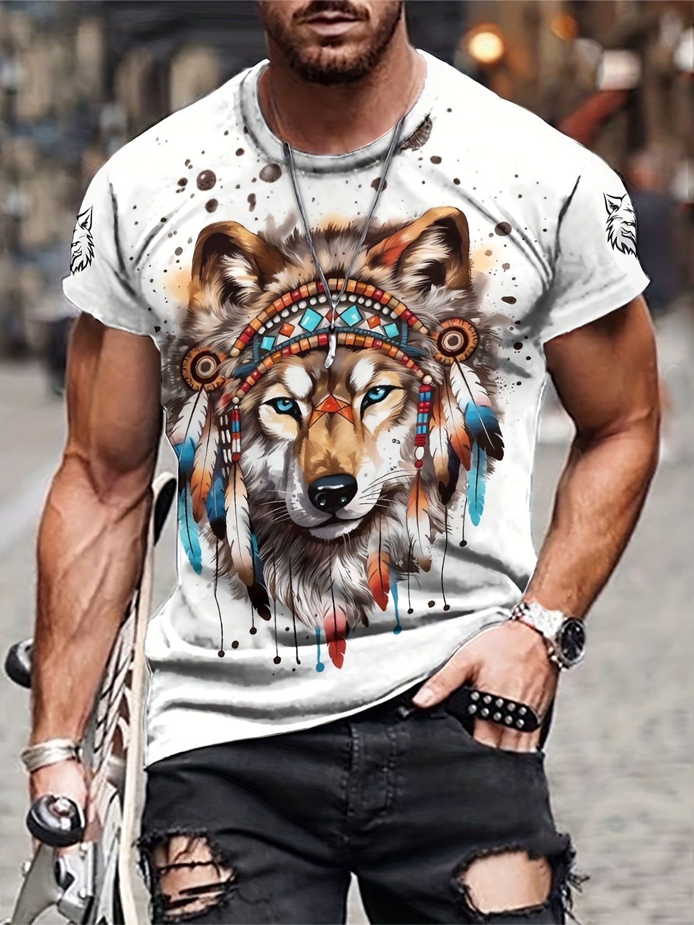 Men's Tribal Wolf 3D Print Tee Outdoor Active Shirt