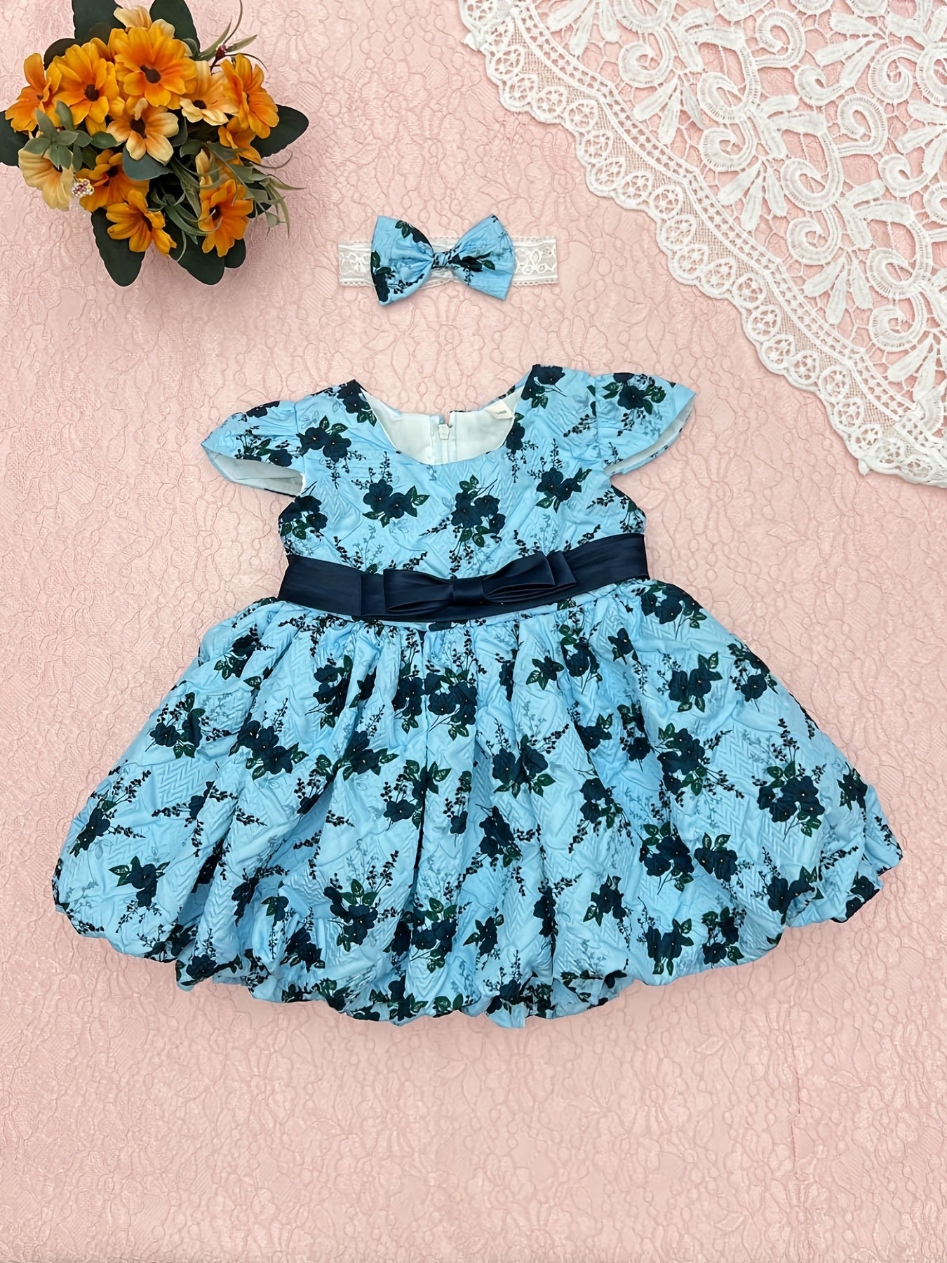 Baby Girl's Floral Print Pleated Dress Flutter Sleeve