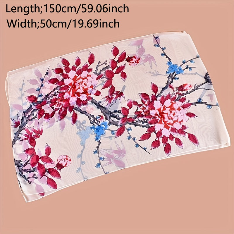 Branch Bird Print Chiffon Scarf Vintage Thin Shawl