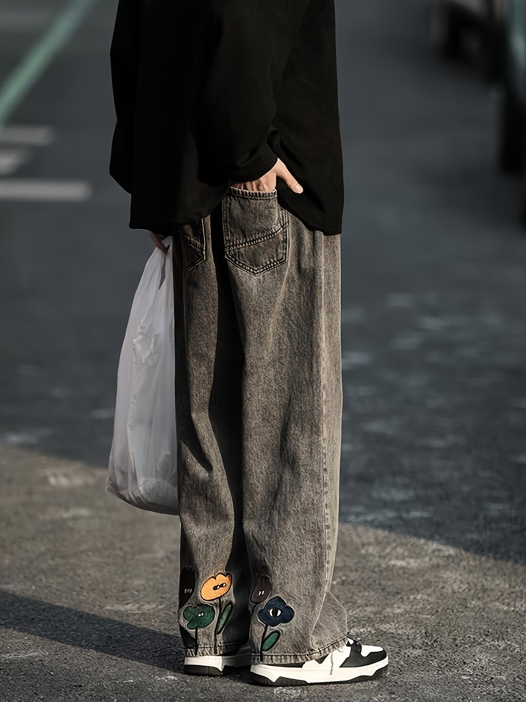 Floral Pattern Wide Leg Pants Men Street Style Jeans