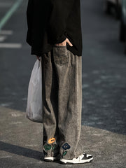 Floral Pattern Wide Leg Pants Men Street Style Jeans