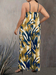 Casual Jumpsuit Women's Plus Random Print Round Neck Wide Leg Cami Jum