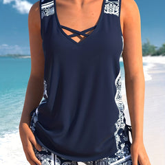 Boho Tankini Set Paisley Lace Up Side Tank Top & Shorts Swimsuit