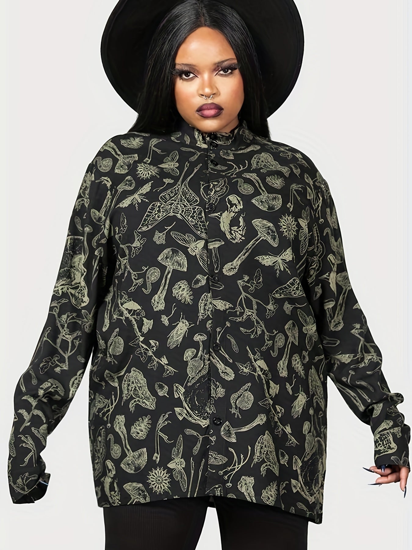 Goth Blouse Mushroom Print Button Up Mock Neck Blouse