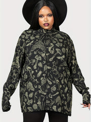 Goth Blouse Mushroom Print Button Up Mock Neck Blouse