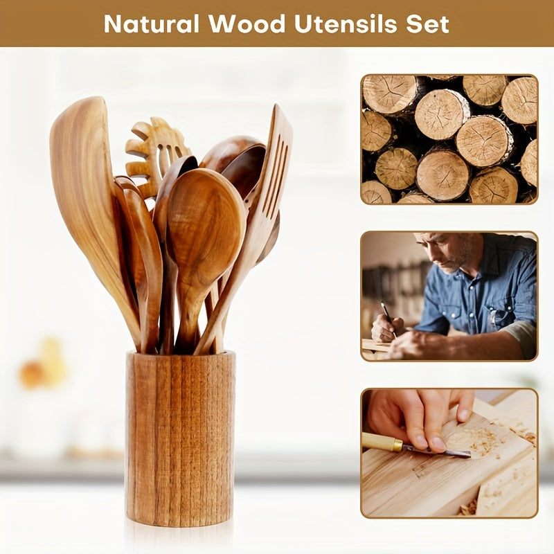 13pcs Teak Wood Kitchen Utensils Set with Spoon Rest Tong Whisk