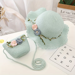 Girls Flowers Lace Trim Straw Hat & Bag Set UV Protection Sun Hat S