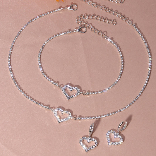 Heart Shape Rhinestones Jewelry Set Choker Bracelet Earrings