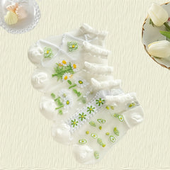 Girls Floral Crystal Lace Ankle Socks - Breathable Ice Silk Summer Sock