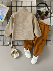 Boys Corduroy Sweatshirt & Pants Set, Stand Collar Zip, Elastic Waist