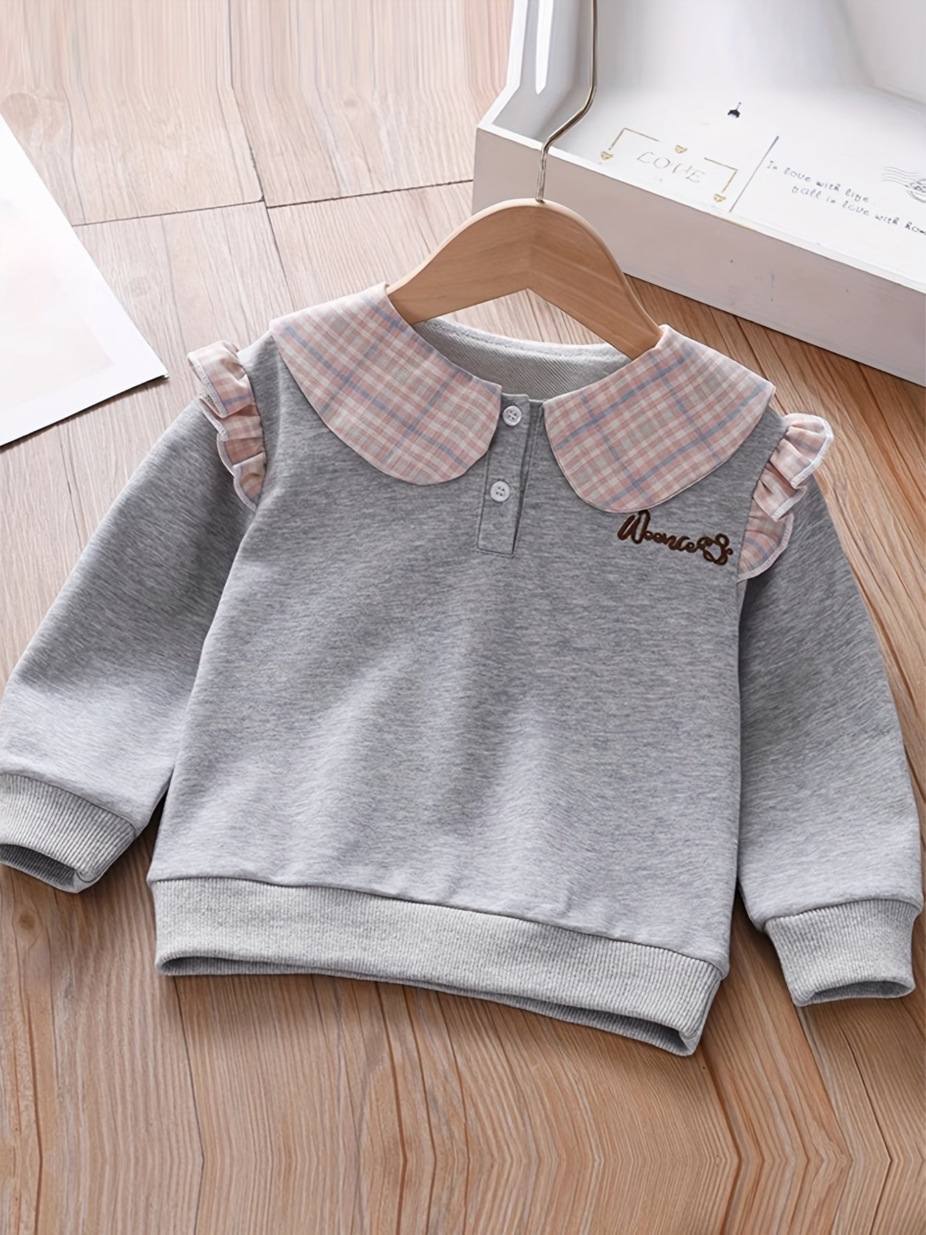 Embroidered Plaid Collar Crew Neck Sweatshirt for Girls