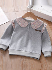 Embroidered Plaid Collar Crew Neck Sweatshirt for Girls