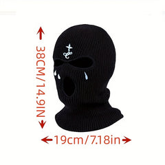 Knitted Ski Mask Full Face Covering Winter Cycling Cap Tears Embroidery