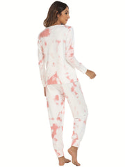 Tie Dye Print Lounge Set Long Sleeve Crew Neck Top & Elastic Waistband Pants