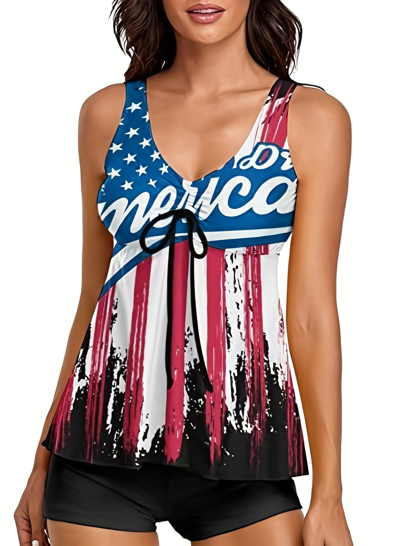 Independence Swimsuit Set Flag Print V Neck Tie Front Tank Top & Short