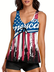 Independence Swimsuit Set Flag Print V Neck Tie Front Tank Top & Short