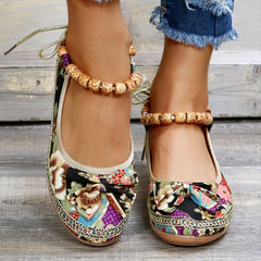 Floral Print Flat Shoes Ankle Strap Slip On Casual Walking Shoes
