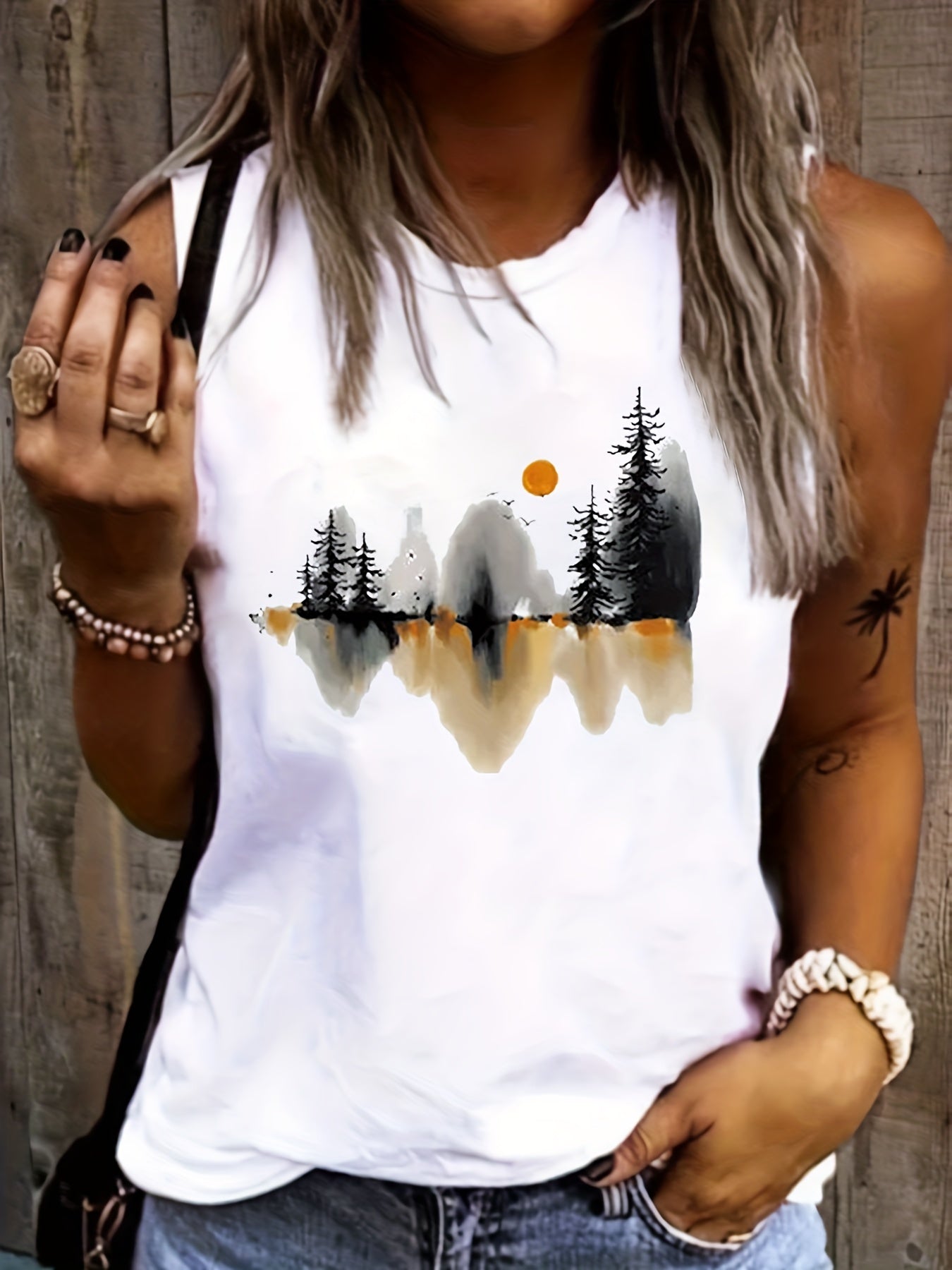 Landscape Ink Painting Print Tank Top Sleeveless Summer Women's Clothing