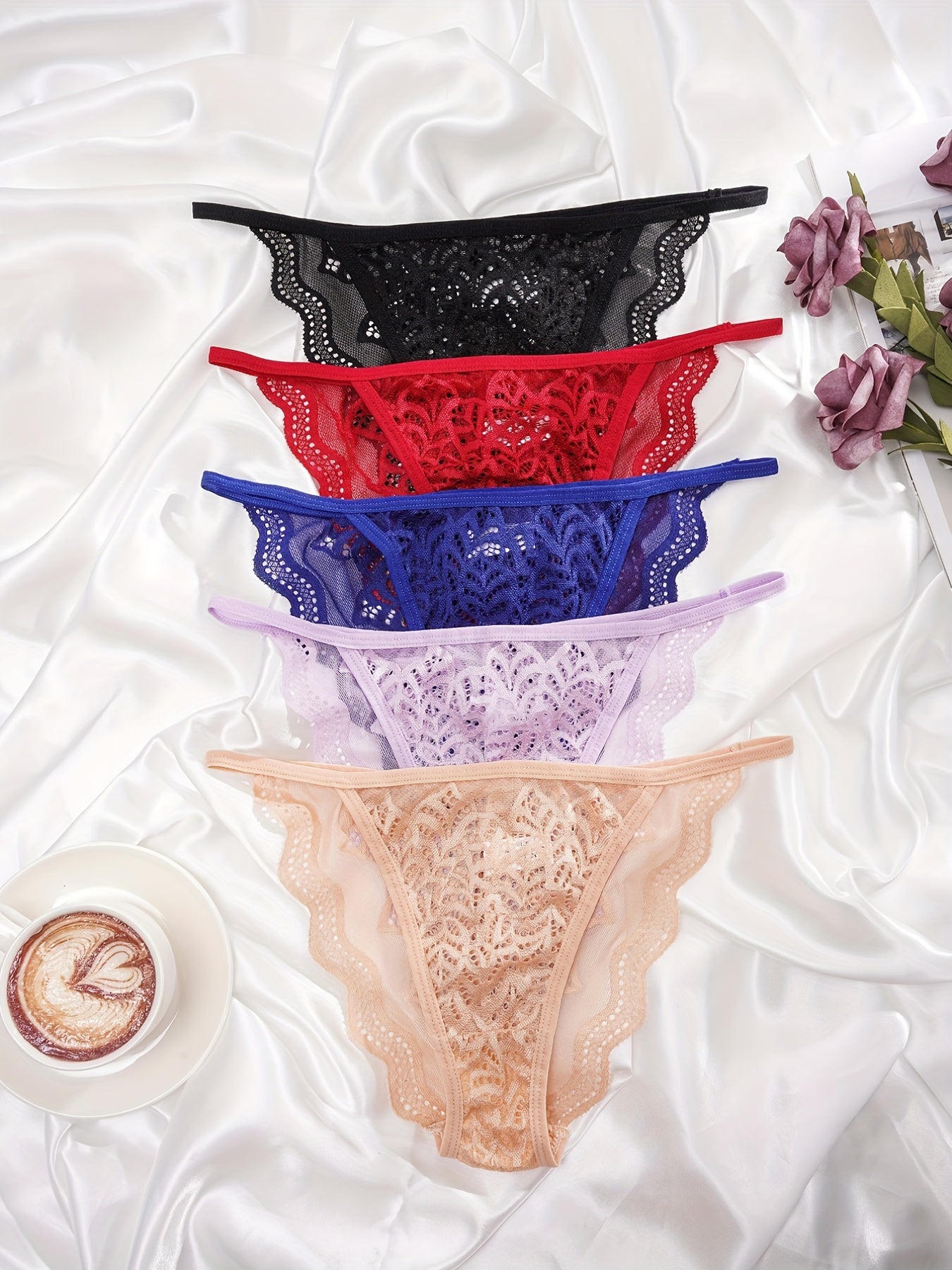 5pcs Lace Briefs Scallop Trim Panties Women's Lingerie