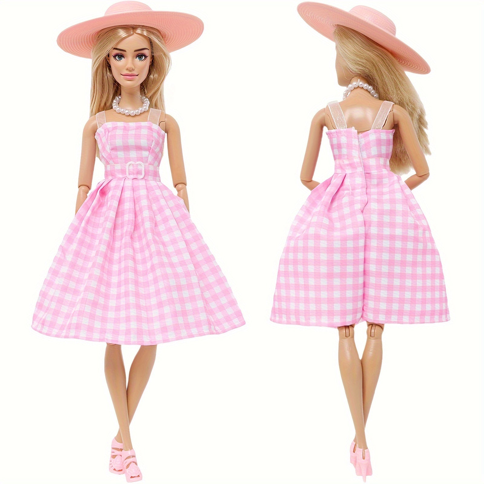 Pink & Plaid Dress Set Doll Clothes Hat Shoes Necklace Bracelet Princess Toy