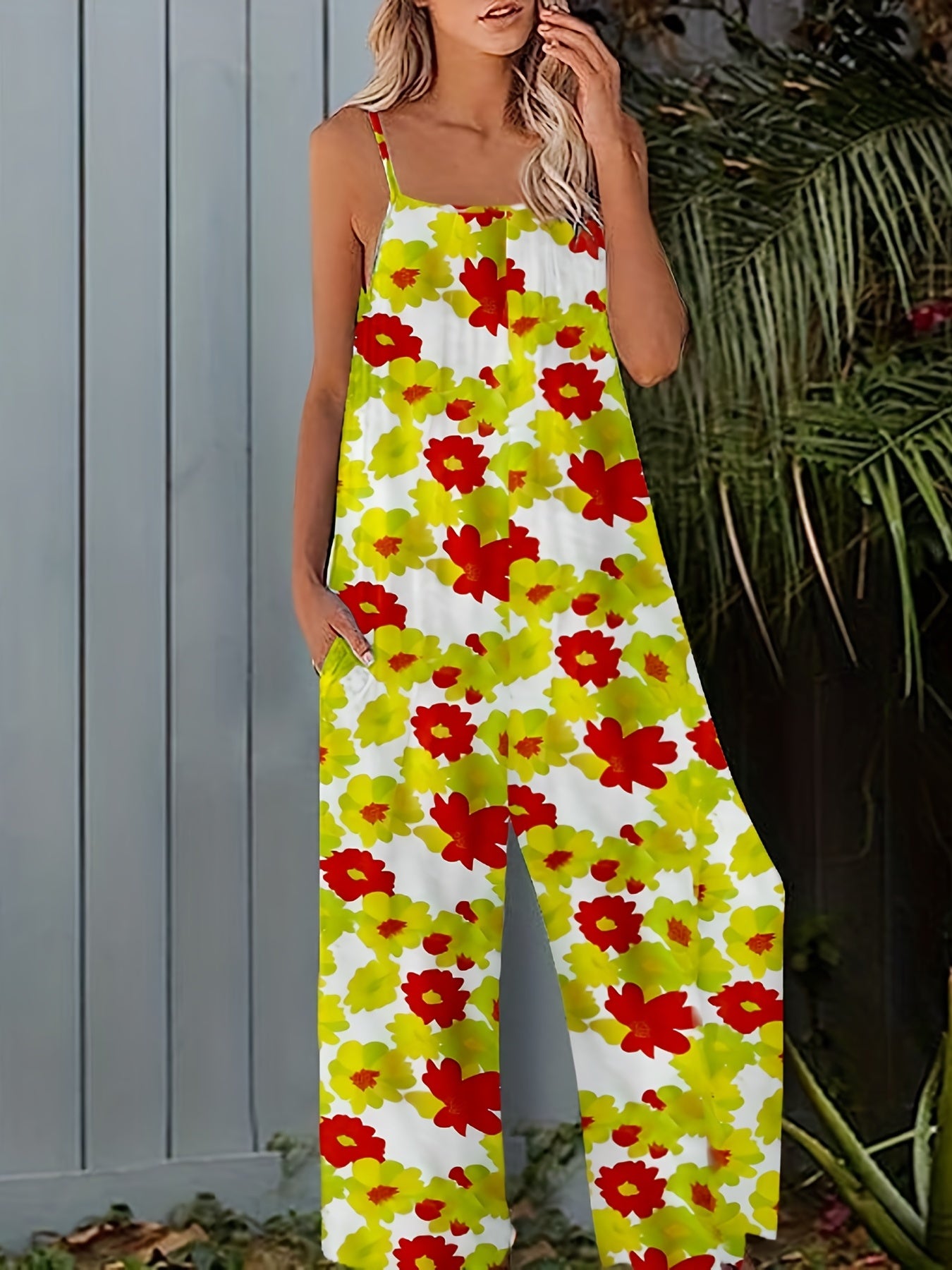 Boho Floral Wide Leg Jumpsuit with Pocket