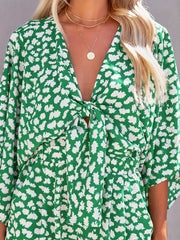 Flared Sleeve Romper V Neck Casual All-over Print Knotted