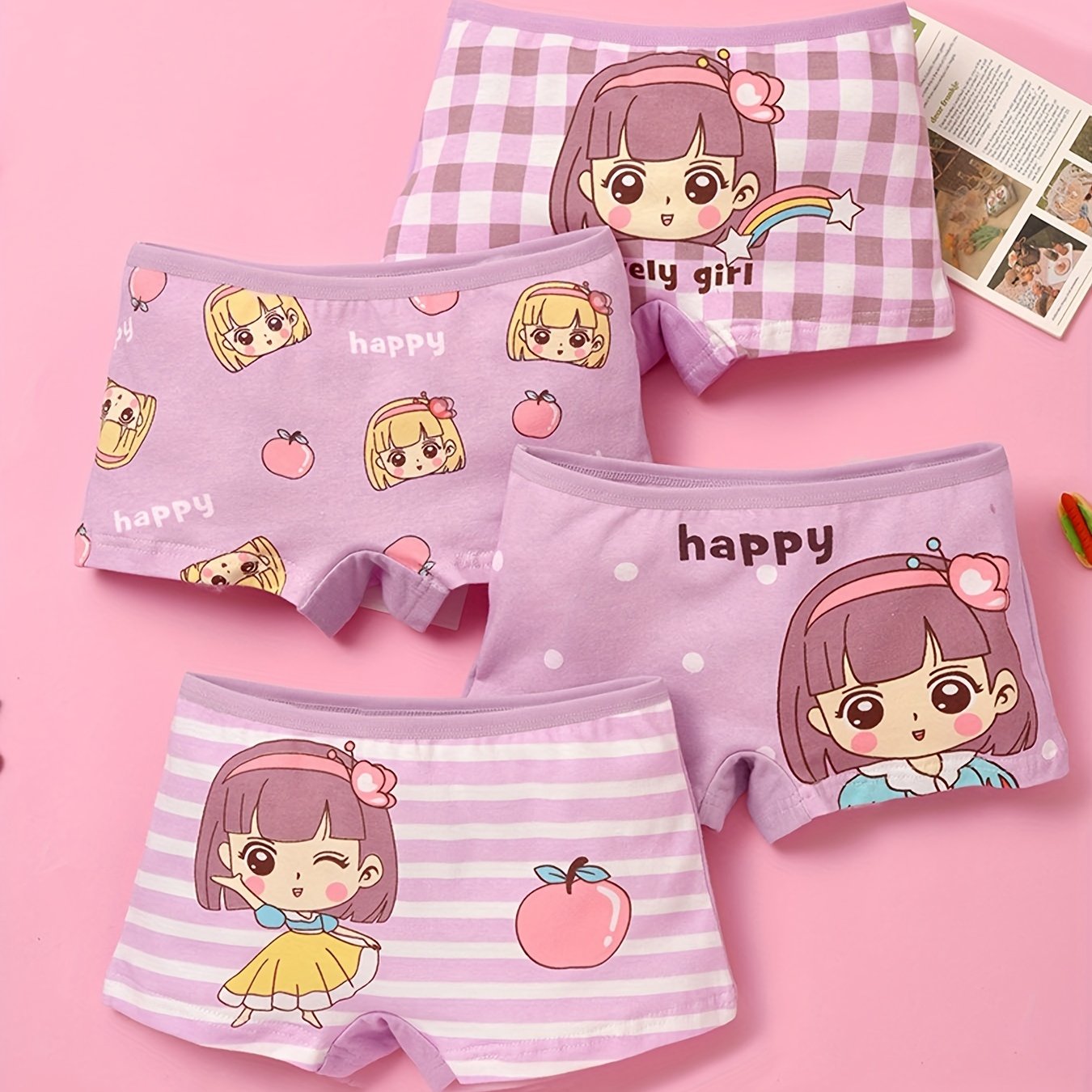 4pcs Cartoon Girl Print Boxer Briefs for Kids