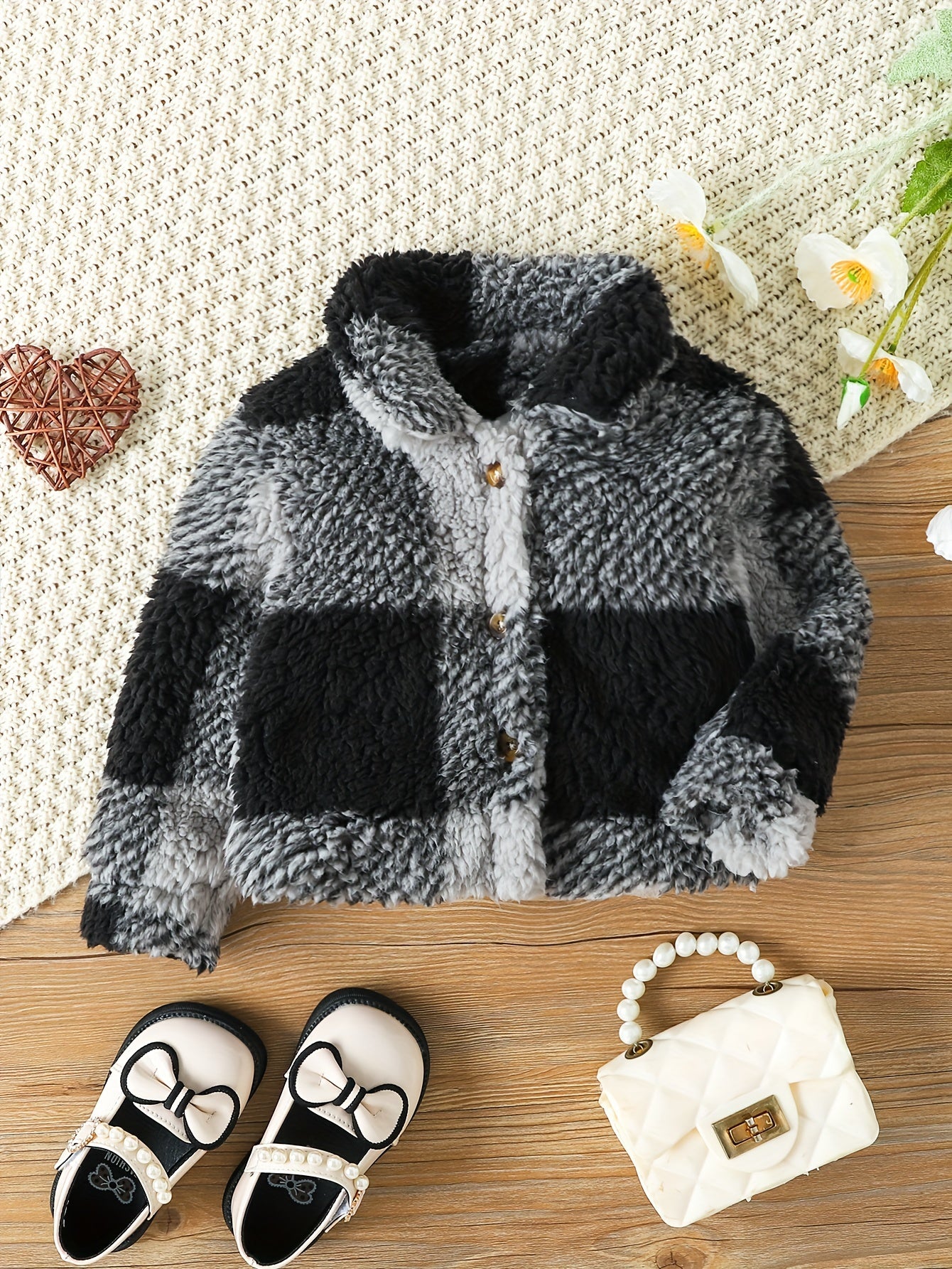 Baby Girls Plaid Lapel Long Sleeve Fleece Coat