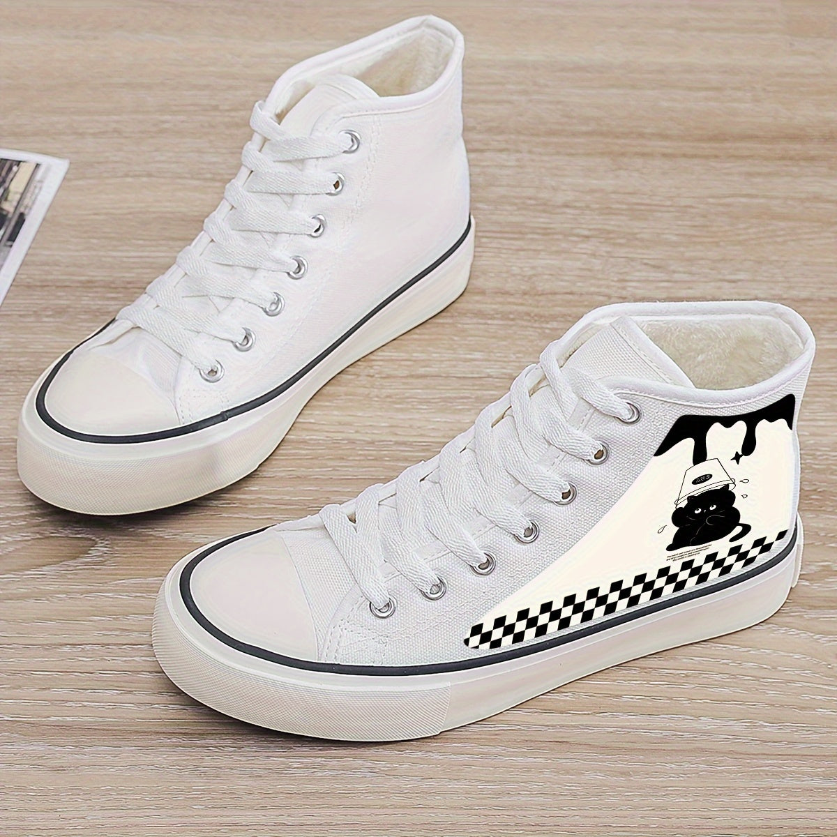 Cat Print Plush Lined Thermal Chunky Canvas Sneakers