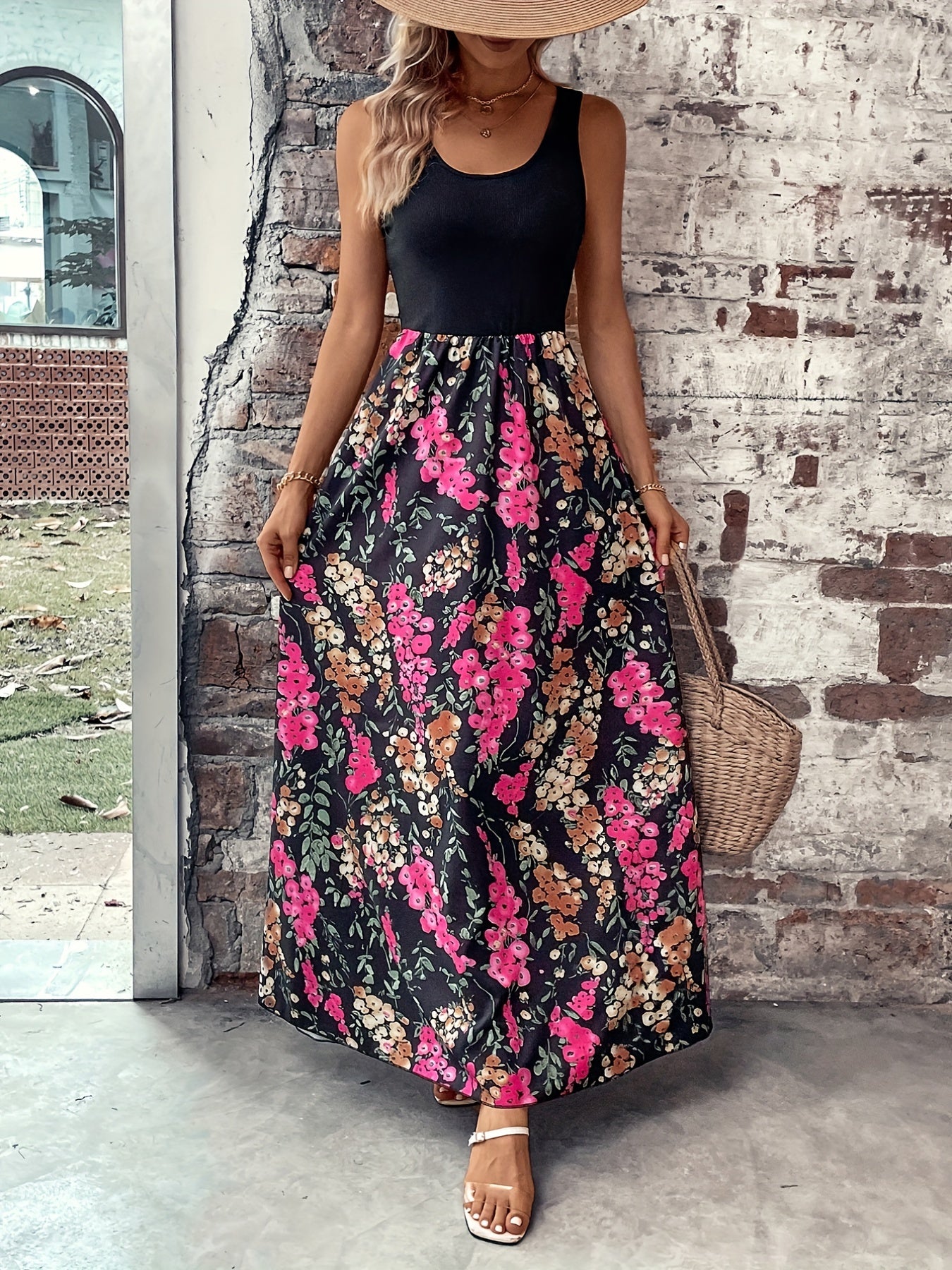 Floral Print Splicing Tank Dress Sleeveless Maxi Dress Women's Clothing