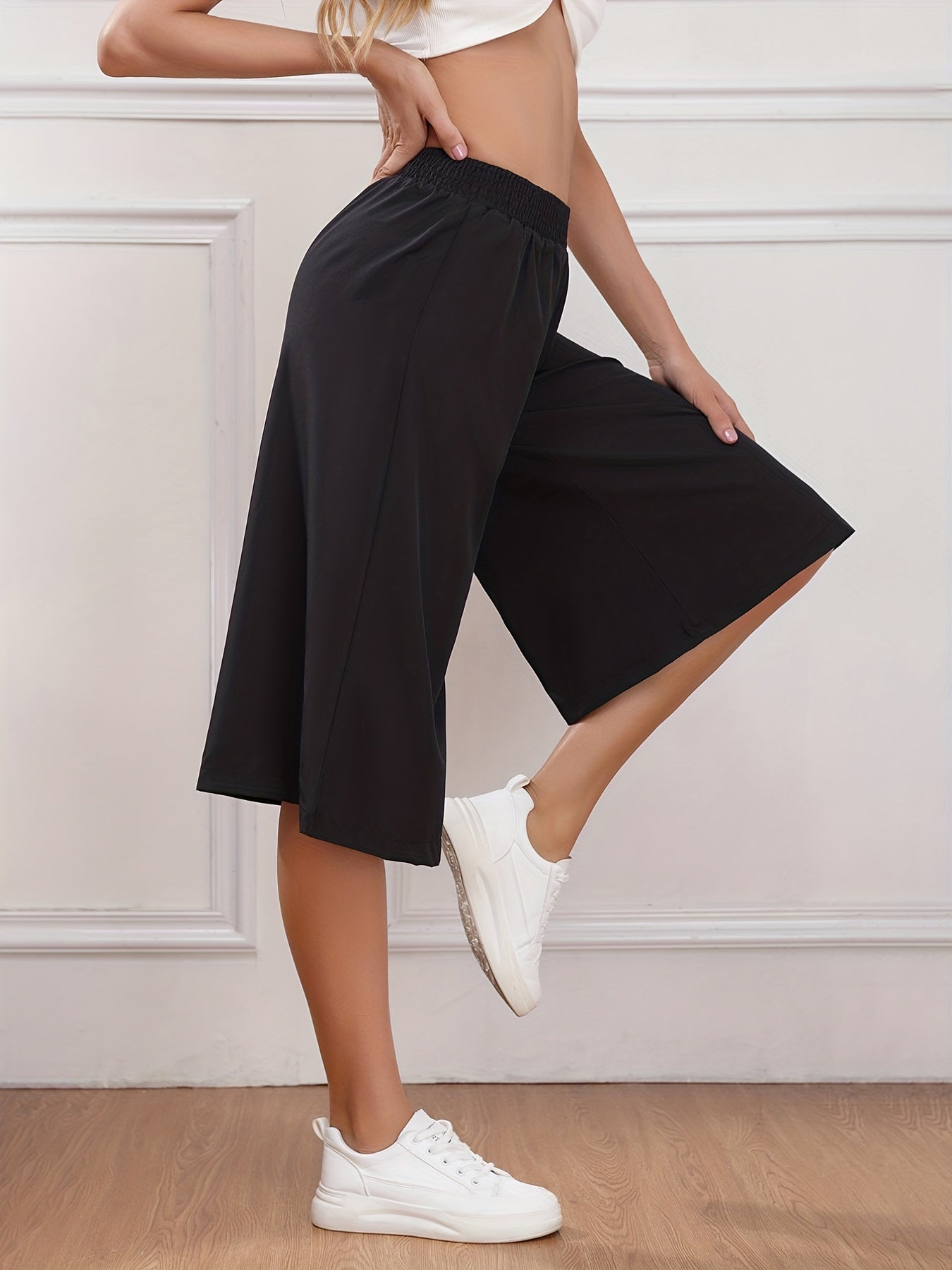Cropped Wide Leg Pants Loose Fit Shirred Waist Casual