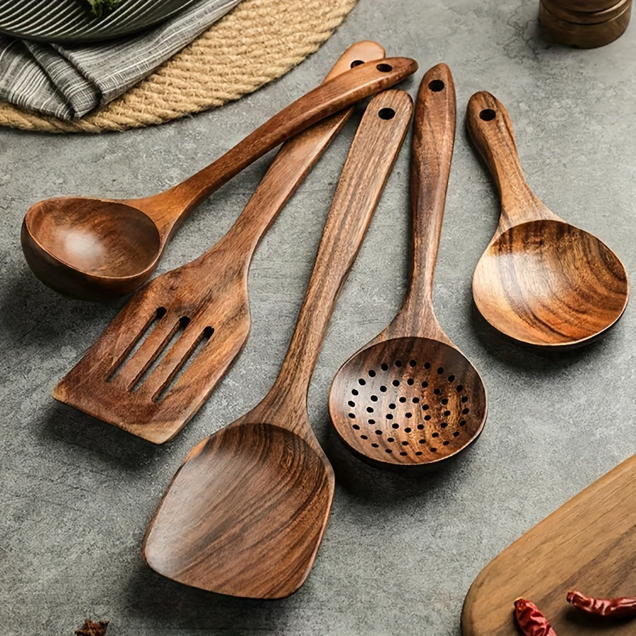 5pcs Teak Wooden Kitchen Utensil Set Skimmer Spoon Wood Turner Cutlery