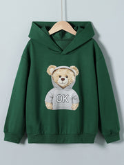 Girls Bear Print Hoodie Long Sleeve Pullover Sweatshirt Top Kids Clothes