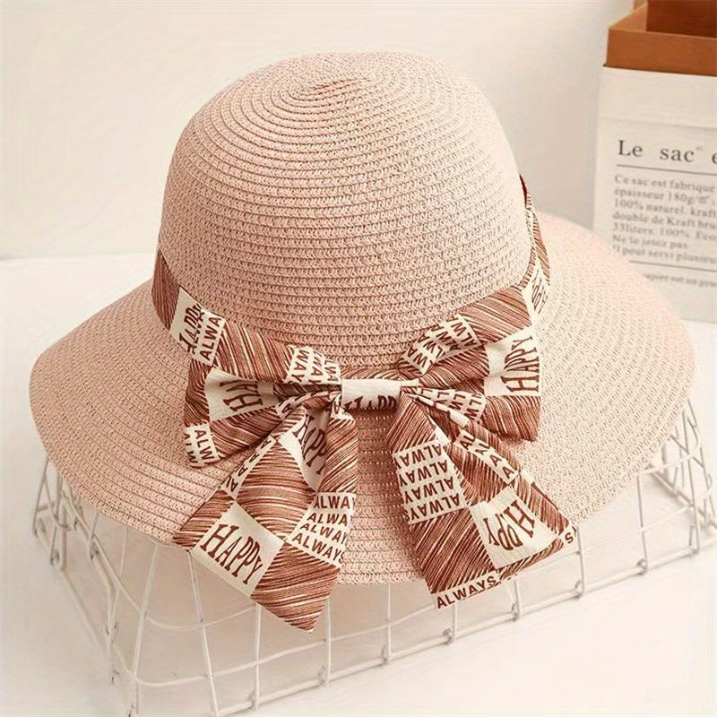 Graffiti Bowknot Sun Hat Wide Brim UV Protection Straw Hat for Women