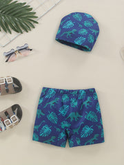 Boys Dino & Leaves Print Swim Trunks & Cap Set for Beach Vacation