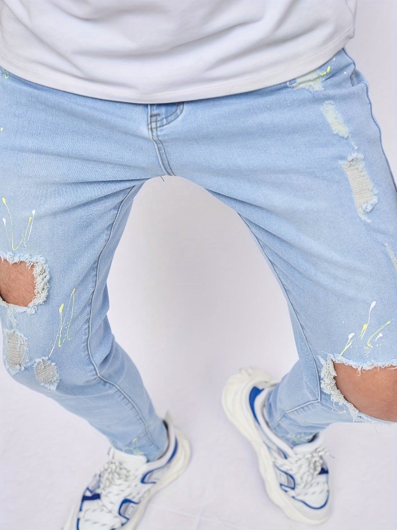 Slim Fit Ripped Jeans Mens Casual Street Style High Stretch Denim Pants