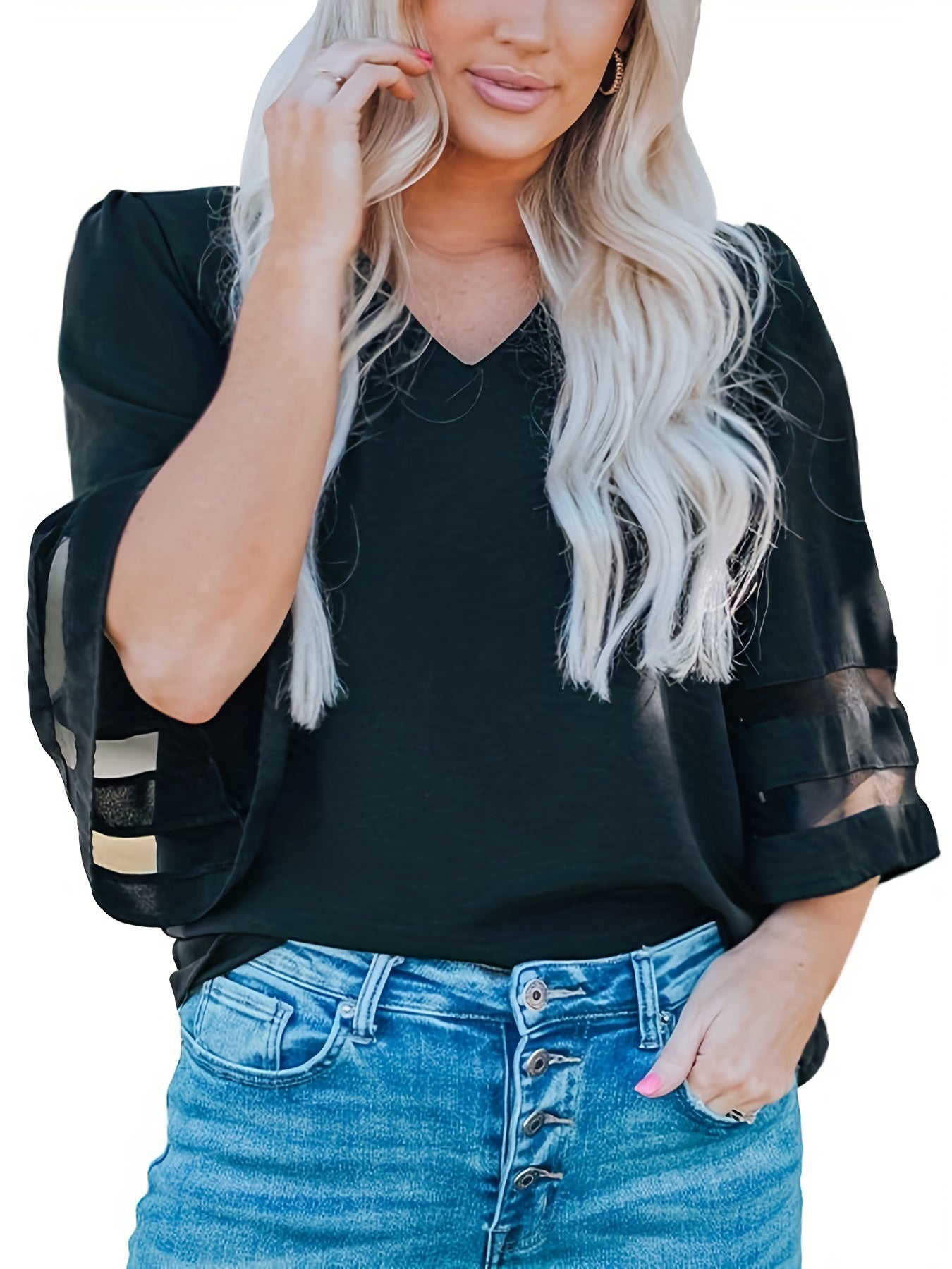 Bell Sleeve Mesh V Neck Tee