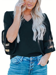 Bell Sleeve Mesh V Neck Tee